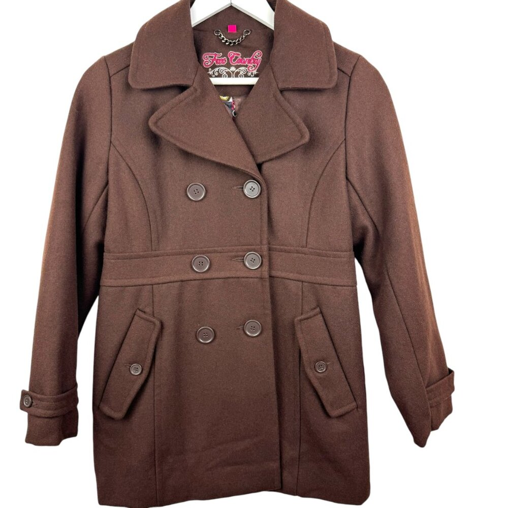 Free Country Jacket Girls Large Dark Chocolate Brown Double Breasted Pea Coat